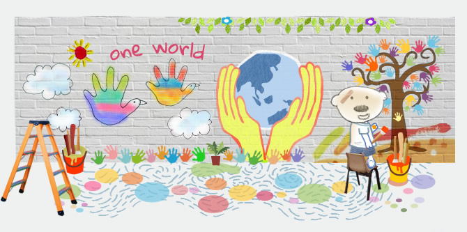 one world--少數族裔小朋友一齊畫的色彩繽紛牆畫
